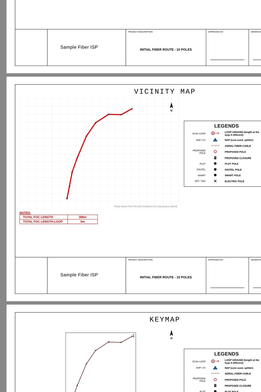 Outside Plant design drawing made by the system: vicinity map, key map and plan (demo data)