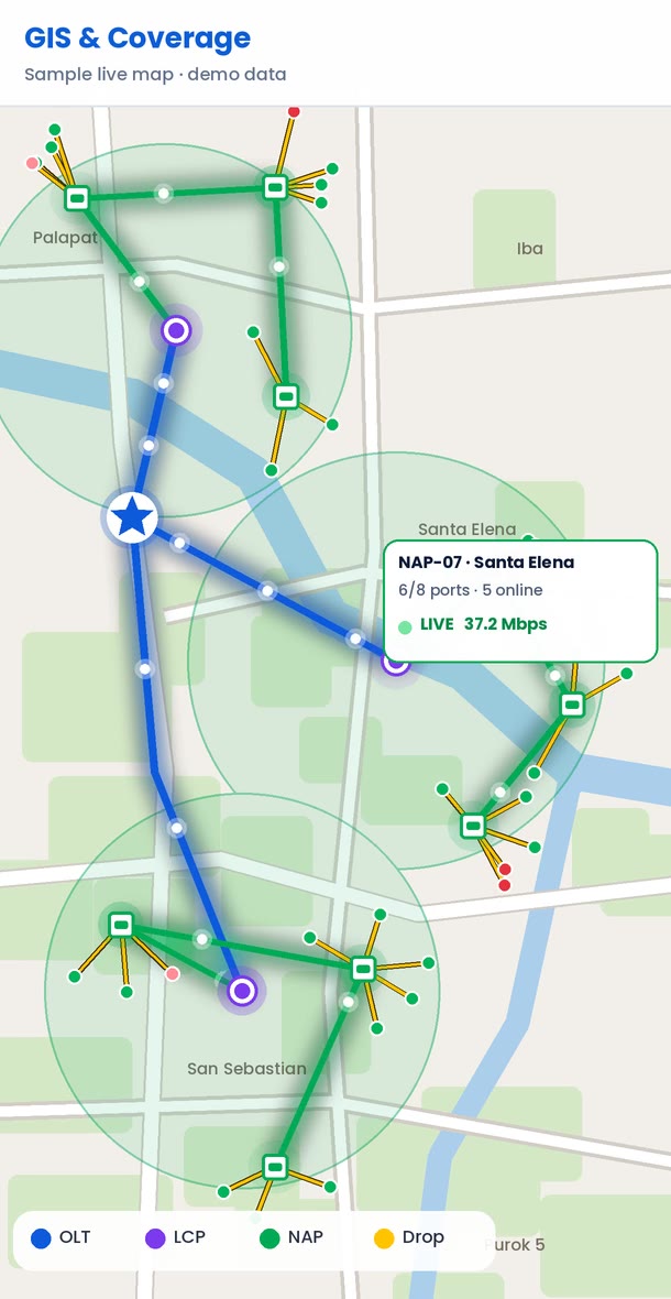 Sample live map: OLT, LCP, NAP boxes and drop lines