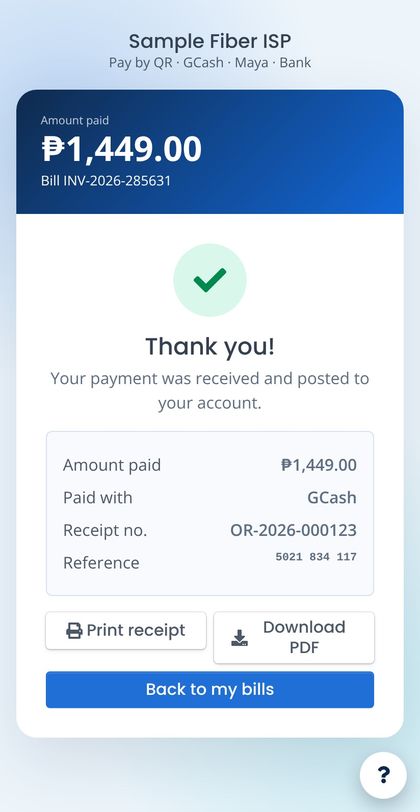 Payment received and posted, with receipt (demo data)