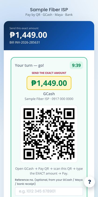 Subscriber paying by QR with the exact amount and a timed turn (demo data)