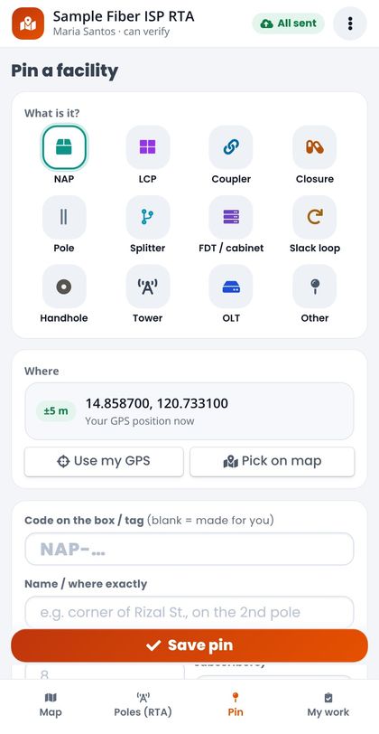 OK RTA app: pin a pole or facility with GPS (demo data)